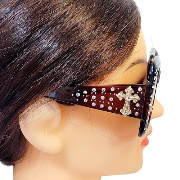 NEW Womens Sunglasses BLING Brown SQUARE Gold CROSS Rhinestones Brown Gold - Picture 2 of 5